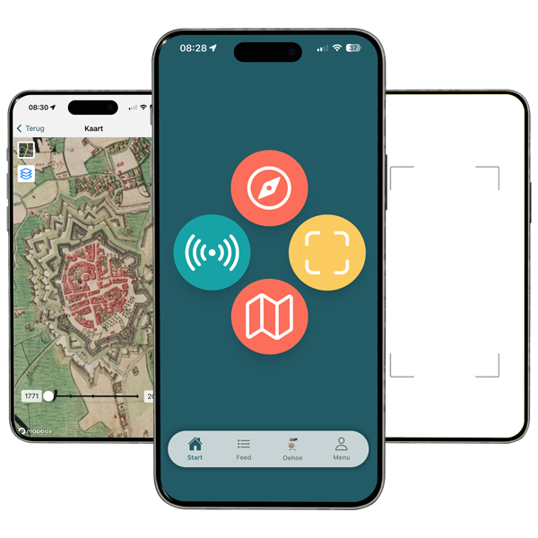 Drei Smartphone-Bildschirme mit der ErfgoedApp – Übersicht über Kulturerbe-Führungen, interaktive Karte und Augmented-Reality-Funktionen